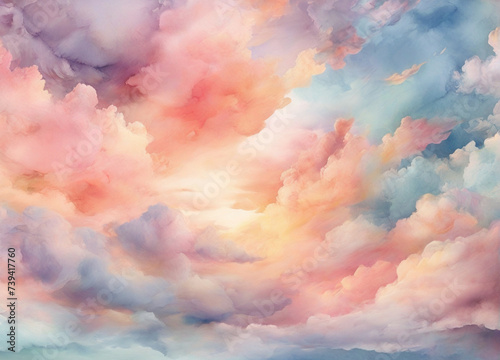 watercolor pastel sky cloud background, abstract sunset sky with puffy clouds, Abstract painting banner,