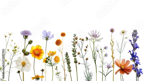 pressed wildflowers arranged on a line white background