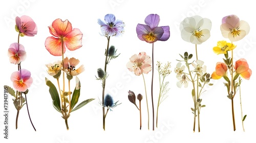 pressed wildflowers arranged on a line white background #739417915