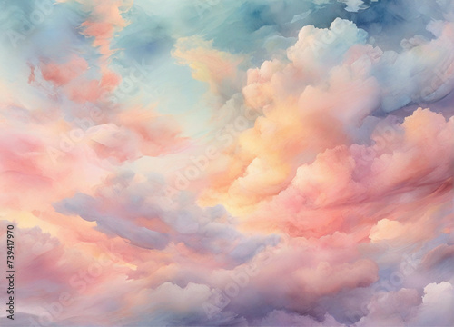 watercolor pastel sky cloud background, abstract sunset sky with puffy clouds, Abstract painting banner, © Amanda studio