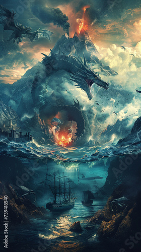Beneath the sea a dragon circles a volcano near an ancient underwater city a warship above prepares for an epic confrontation photo