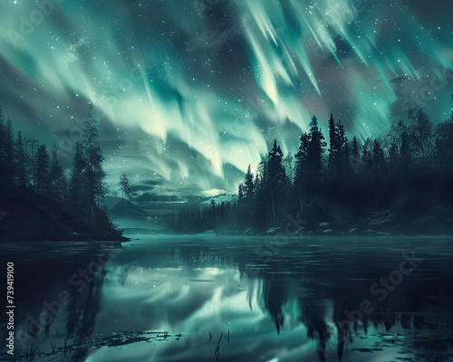 The beauty of a dark heaven illuminated by the soft ethereal glow of auroras blending tranquility with mystery