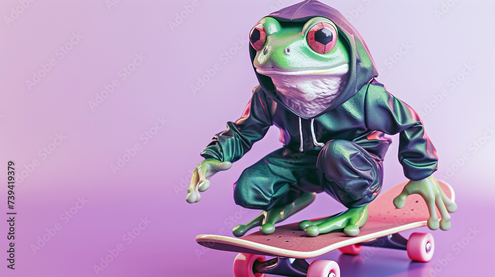 Modern funny frog in a baseball cap rolls on a skateboard in a dynamic pose. Symbol of the day in a leap year, celebrating the event of the frog jump on February 29