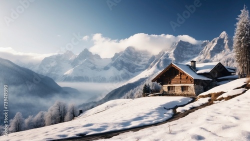 Majestic mountain range  covered with a layer of snow  beautiful and lonely cottage located in the valley