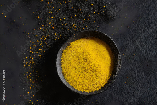 The seasoning is a yellow powder in a cup which is a cooking ingredient. Generative AI
