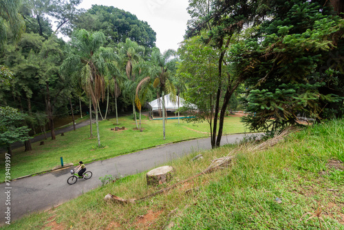 SÃO PAULO, SP, BRAZIL - FEBRUARY 03, 2024: Girl riding a bicycle, photographed in plongée, in the Alberto Lofgren State Park, better known as Horto Florestal (Forest Garden). photo