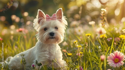 realistic shot of a westie girl with a pink bow in hair on the meadow photo