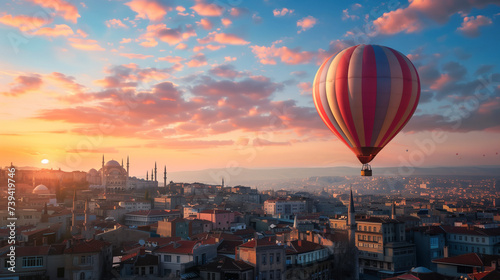 hot air balloon floating above a colorful eastern cityscape at sunset