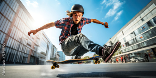 Urban Skateboarding Adventure: Young Skater's Thrilling Balance and Athletic Style in the City