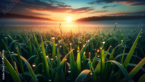 Misty sunrise over a lush field with dew on grass, glistening droplets reflecting the golden sunlight, a serene and refreshing start to the day.Landscape concept.AI generated. photo