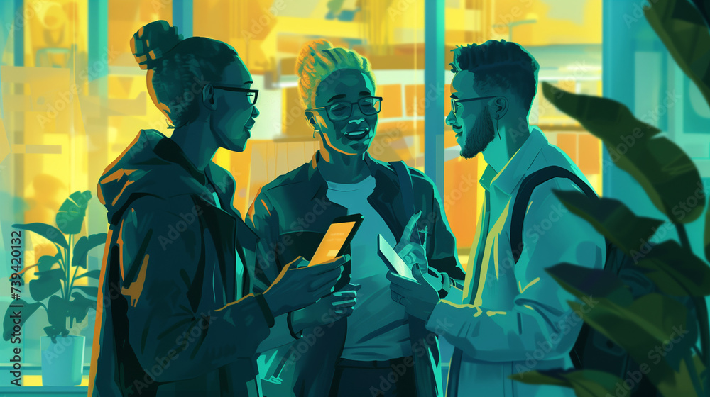 three people engaging in a conversation, they holding a mobile devices
