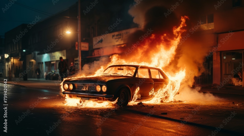 A car is on fire on a city street. Street disturbances, damage to private property, fire hazard. A car is on fire on a city street. Street disturbances, damage to private property, fire hazard.