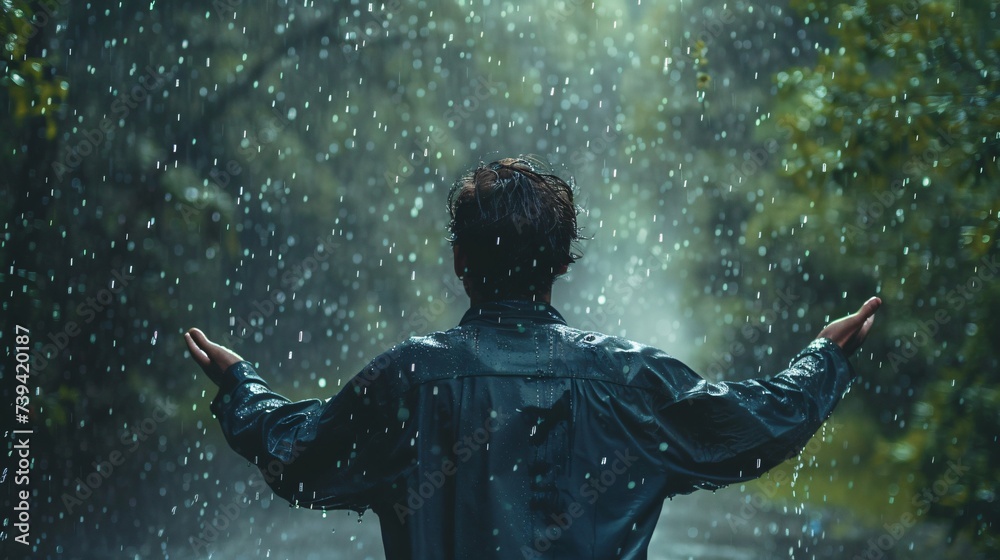 Man enveloped in heavy rain his journey a metaphor for persevering through lifes storms