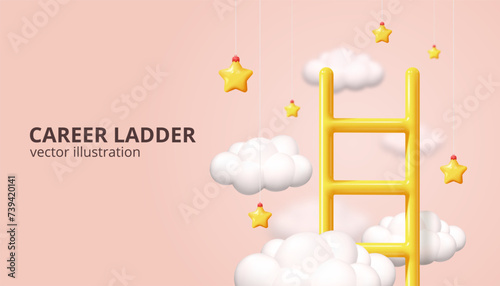 3D career ladder. Professional growth. Dream clouds. Work success. Level up. Stair steps for job promotion. Render stepladder. Opportunity rise. Progress concept. Vector background