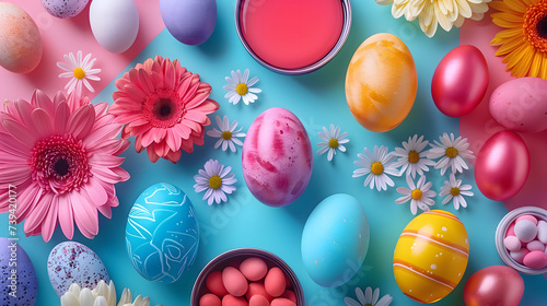 Vibrant Easter Decorations: Colorful Knolling of Eggs and Other Festive Items