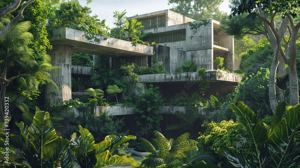 A modern concrete building is overgrown with lush tropical vegetation, creating a striking contrast between the structure and the surrounding jungle.
A modern concrete building is overgrown with lush tropical vegetation, creating a striking contrast between the structure and the surrounding jungle.