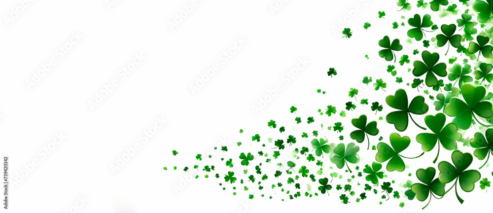 St. Patrick's Day banner with space for text. Lucky Irish four-leaf Clover leaves on white background. Holiday concept of spring.Generative AI St. Patrick's Day banner with space for text. Lucky Irish four-leaf Clover leaves on white background. Holiday concept of spring.Generative AI