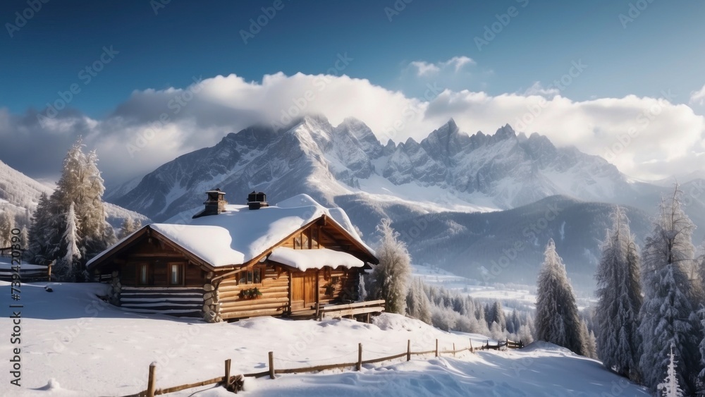 Majestic mountain range, covered with a layer of snow, beautiful and lonely cottage located in the valley