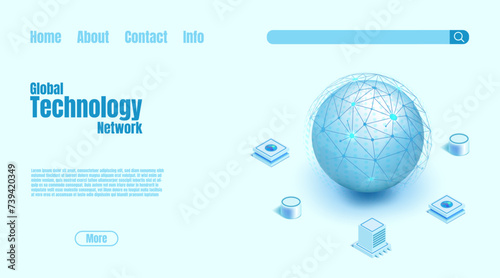 Isometric globe. Global technology landing page. World network. Internet connect. Electronic data transfer. International tech. Digital database. Website design template. Vector background