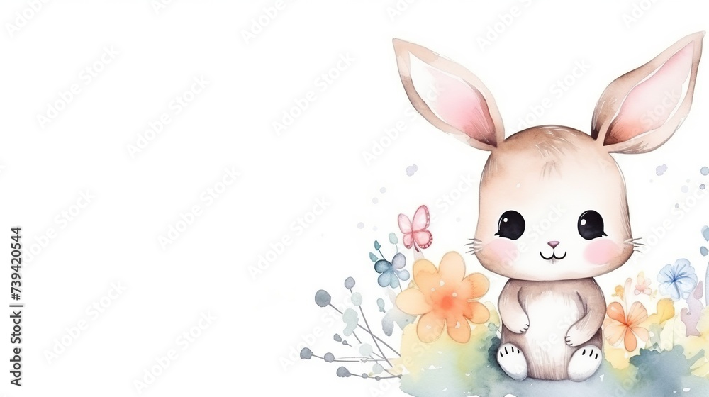 A heartwarming watercolor illustration of a bunny surrounded by spring flowers and a fluttering butterfly, perfect for seasonal decorations, children's books A heartwarming watercolor illustration of a bunny surrounded by spring flowers and a fluttering butterfly, perfect for seasonal decorations, children's books