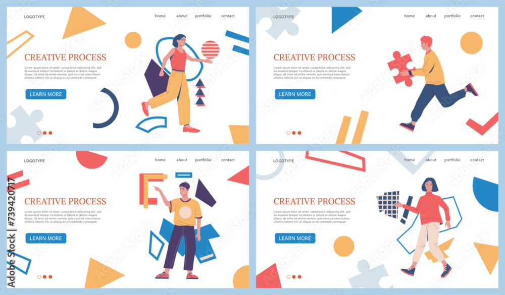 Creative process landing page. People with puzzle and geometric shapes. Website design template. Brainstorm and innovation idea. Business solution. Work creativity. Vector background