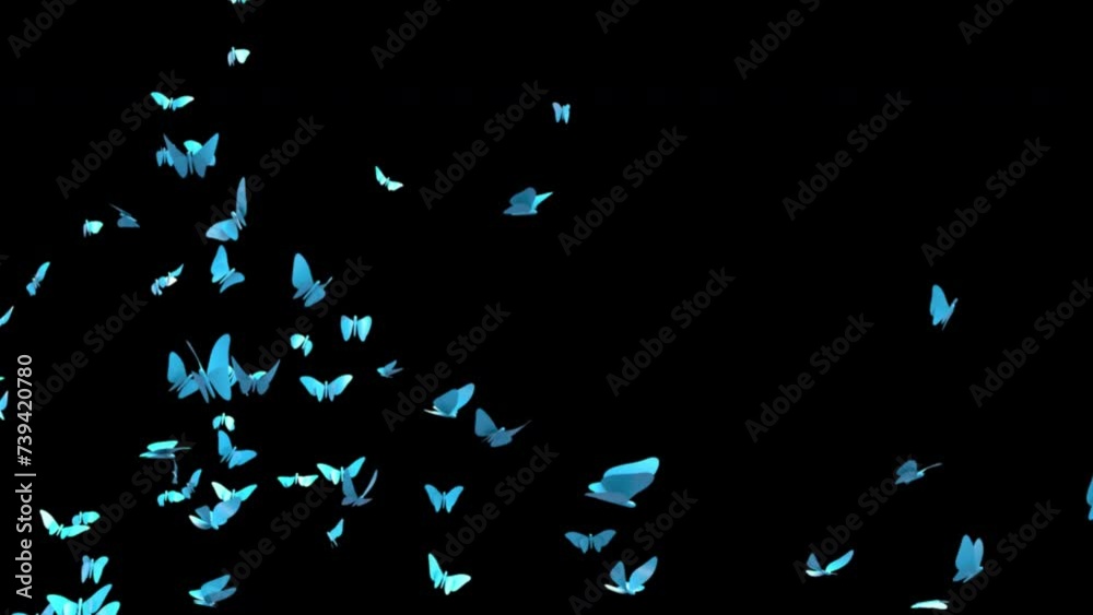 Blue Butterflies.
This stock motion graphics video shows blue butterflies flying against an alpha channel background.