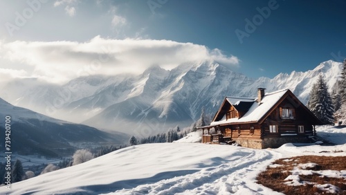 Majestic mountain range, covered with a layer of snow, beautiful and lonely cottage located in the valley © Damian Sobczyk