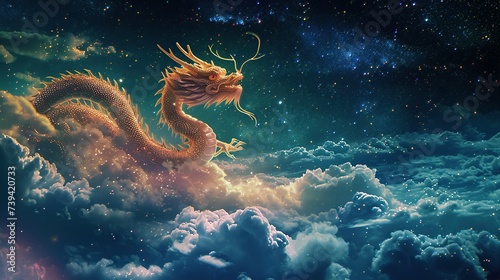 A mystical dragon emerges with the dawn of the cosmos, a blend of ancient mythology and celestial wonder, suitable for fantasy art and cosmic themes, offering a vibrant space for text. © logonv