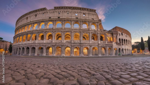 Beautiful Colosseum in Rome, Italy at dusk. Panorama. Generative AI