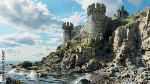 A majestic stone castle with tall towers and battlements is perched on a rugged cliff overlooking the ocean, under a partly cloudy sky.

 photo