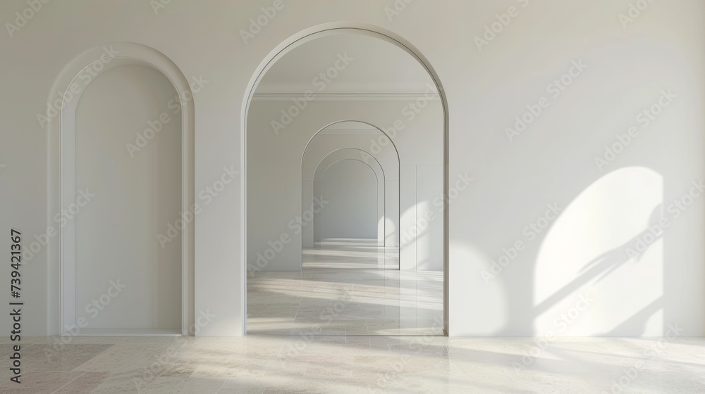 white arches and mirrors in an empty living room of a house