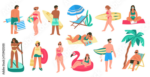 Summer people. Beach surfers swim on vacation, sea person characters with surfboard, human activity. Men and women in swimsuits sunbathing or relax on seashore resort, vector cartoon flat set