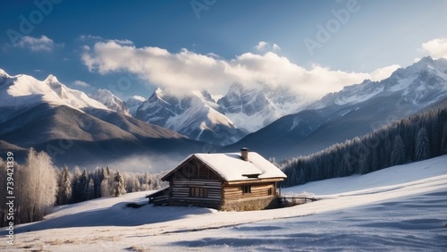 Majestic mountain range, covered with a layer of snow, beautiful and lonely cottage located in the valley © Damian Sobczyk