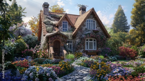 Enchanting stone cottage covered with vines and surrounded by a colorful, vibrant garden in full bloom, nestled in a serene, lush forest setting.