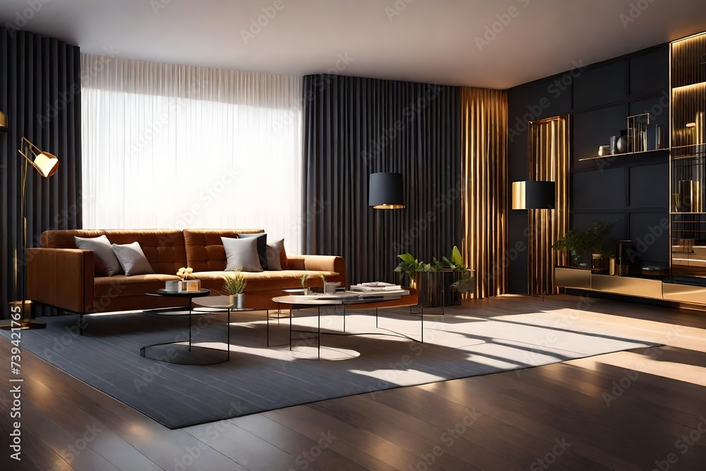 Fototapeta premium Modern interior design of a living room in an apartment bright modern interior details and background of dark classic walls