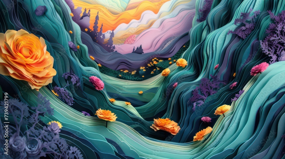 Surrealist Spring 3D papercuts of surrealist cartoons depicting vibrant spring landscapes ...