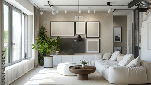 modern white and beige living room with empty frames hanging on the wall. wallpaper background