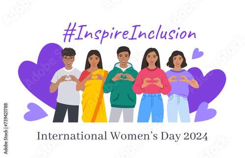 Inspire inclusion campaign pose. International Women's Day 2024 theme banner. Smiling Indian women and men make heart symbol with hands to stop discrimination and stereotypes. Gender inclusive world