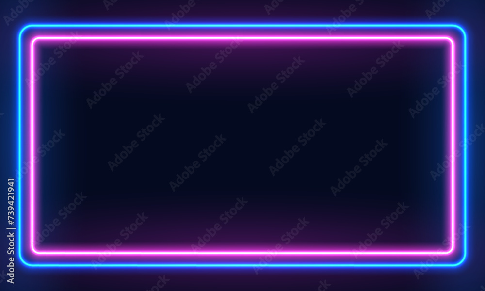 Vector 3d render, square glowing in the dark, pink blue neon light, illuminate frame design. Abstract cosmic vibrant color backdrop. Glowing neon light. Neon frame with rounded corners.