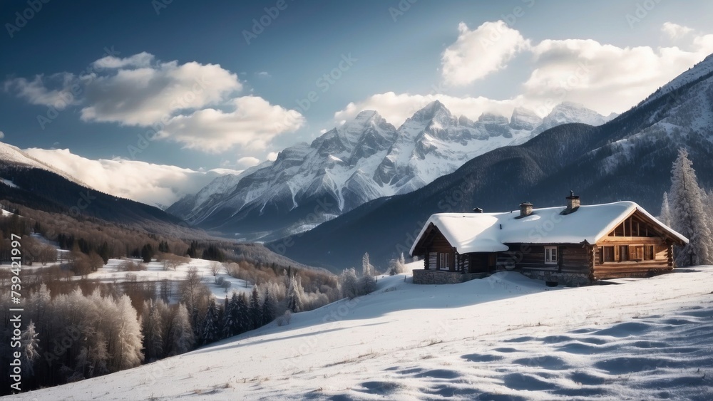 Majestic mountain range, covered with a layer of snow, beautiful and lonely cottage located in the valley