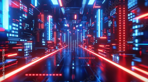 Red and blue neon lights illuminating a futuristic cityscape at night with a cyberpunk vibe