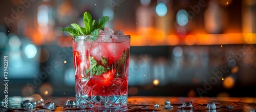 Refreshing summer drink concept featuring a glass of watermelon juice with a mint sprig photo