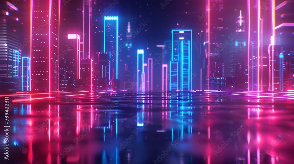 Red and blue neon lights illuminating a futuristic cityscape at night with a cyberpunk vibe Red and blue neon lights illuminating a futuristic cityscape at night with a cyberpunk vibe