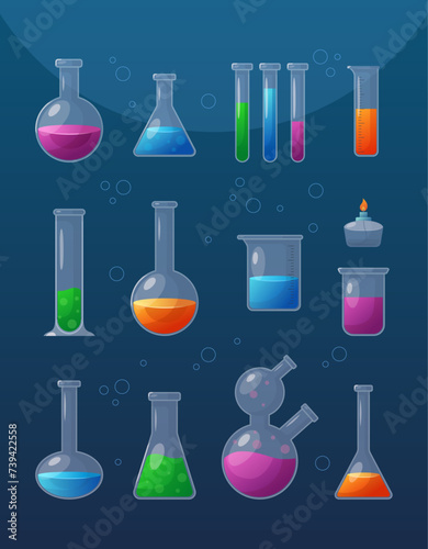 Chemical Laboratory equipment. Vector set of glassware with chemical reagents. Glass flasks with physics reaction, vials and test tubes, burner, lab cylinder beakers. Chemical scientific experiments