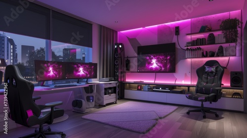 interior of a modern neon pink gaming room in a house