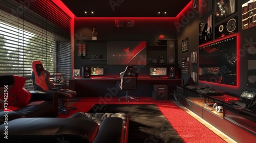 interior of a modern black and red gaming room in a house