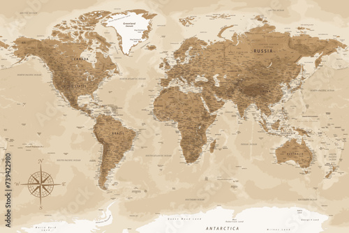 World Map - Highly Detailed Vector Map of the World. Ideally for the Print Posters. Dark Golden Beige Retro Style