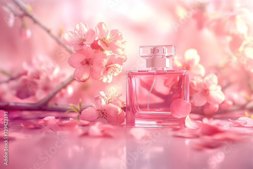 pink square perfume bottle with pink blossom with pink background. pink roses fragrance perfume bottle