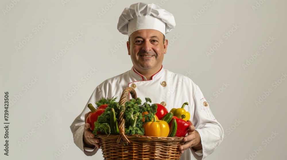 An Italian man in a chef's hat and chef's jacket holds a basket of vegetables in her hands on a white background. Fresh ingredients for healthy food. Recipes and dishes. An Italian man in a chef's hat and chef's jacket holds a basket of vegetables in her hands on a white background. Fresh ingredients for healthy food. Recipes and dishes.
