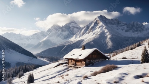 Majestic mountain range  covered with a layer of snow  beautiful and lonely cottage located in the valley